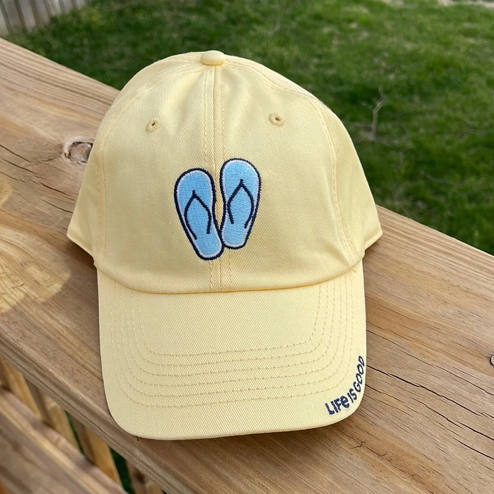 Life is Good Yellow Baseball Cap with Blue Flipflops